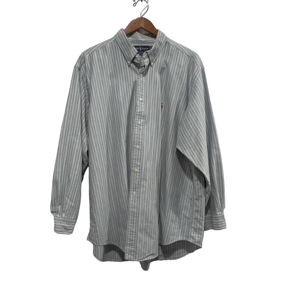 Ralph Lauren Classic Fit Button Down 17 1/2 34/35 Green with Blue Stripe